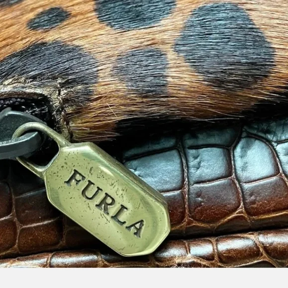 FURLA Croc Brown Leather Shoulder Crossbody Leopard Bag Made in Italy